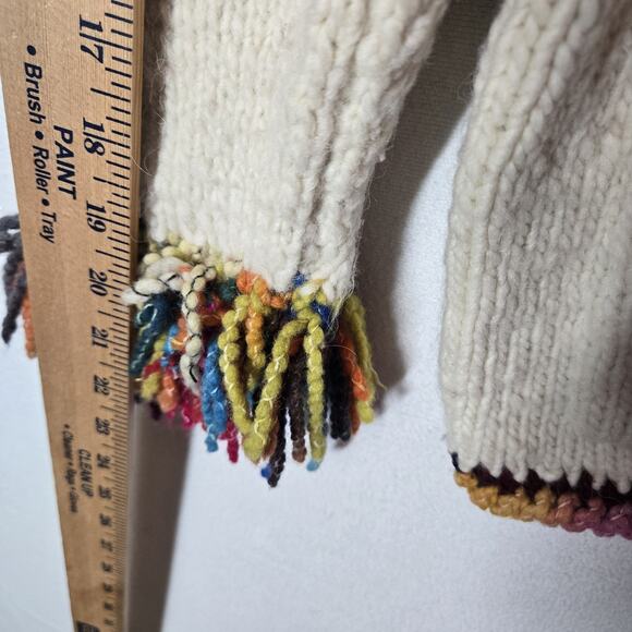 The Sweater Venture Hand Knit Wool Alpaca Cardigan Ivory Multi Fringe Zip Front - Picture 14 of 15
